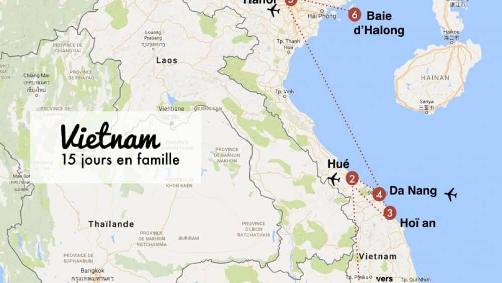 Carte du Vietnam avec itinéraire de voyage de 2 semaines